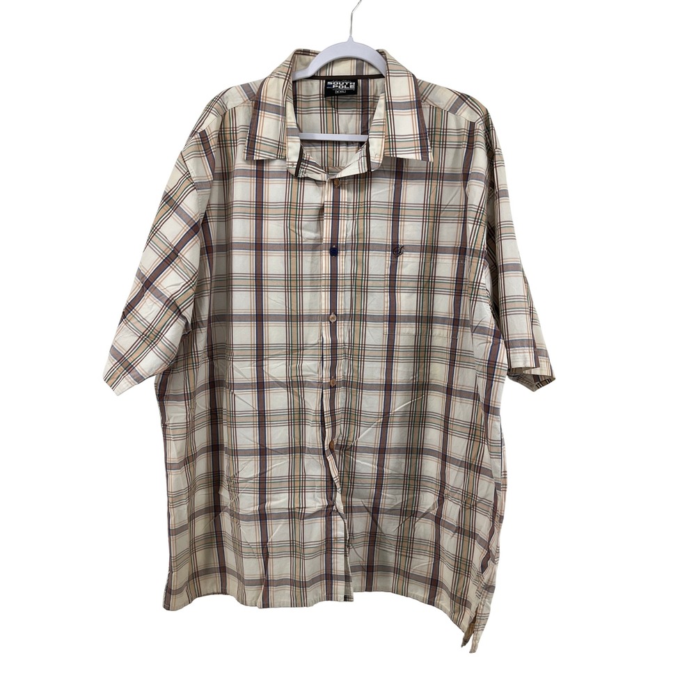 Southpole Mens XXL Short Sleeve Button Down Shirt Plaid Tan Blue Y2K Streetwear
